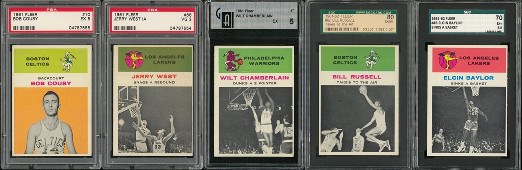 1961/62 Fleer Basketball Graded Collection (5 Different) Including Hall of Famers